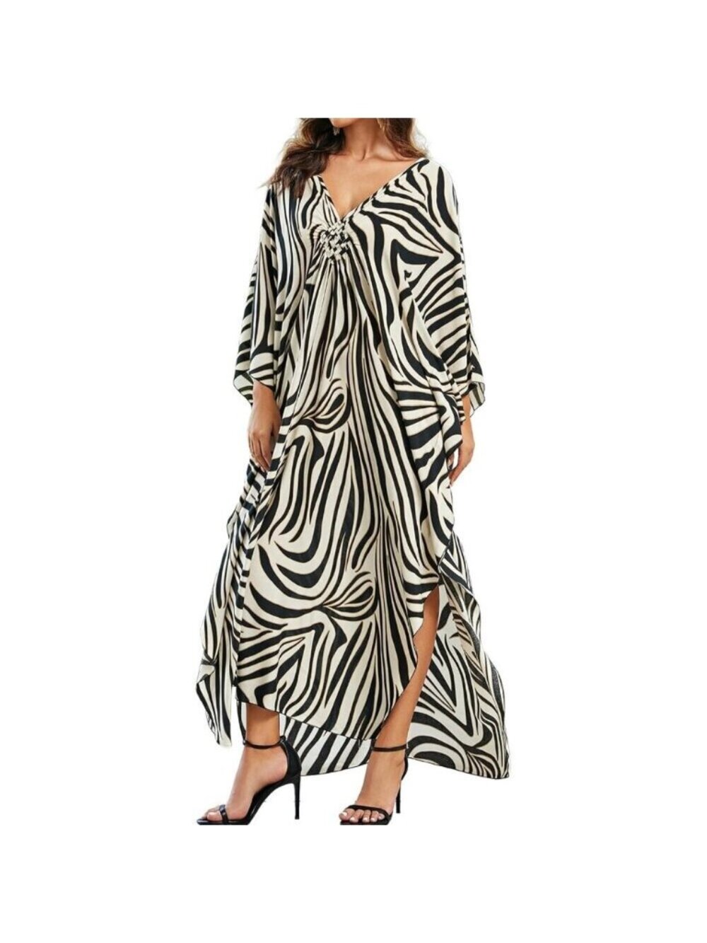Women's Zebra Print V-neck Batwing Sleeve Flowy Split Hem Bohemian Kaftan Dress